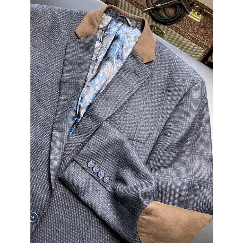 Van Heusen Studio 44R Blue Black Plaid Elbow Patch Blazer